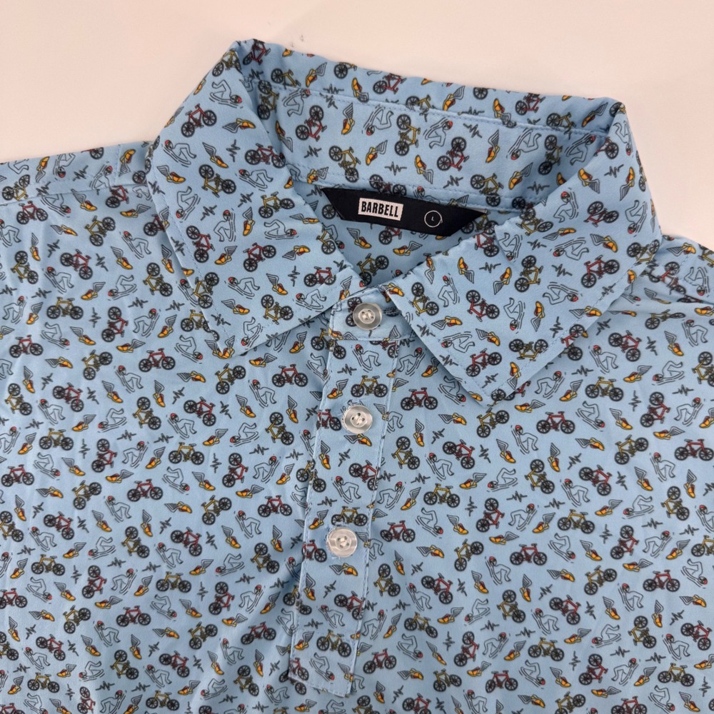 Barbell Apparel Polo Shirt Mens Large Blue Bicycle Print Short Sleeve Stretch